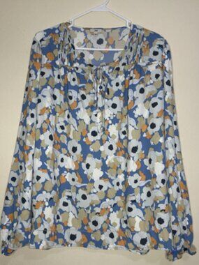 Joie XL Women's Floral Blue Orange Peasant Top Blouse Tassel Pleated